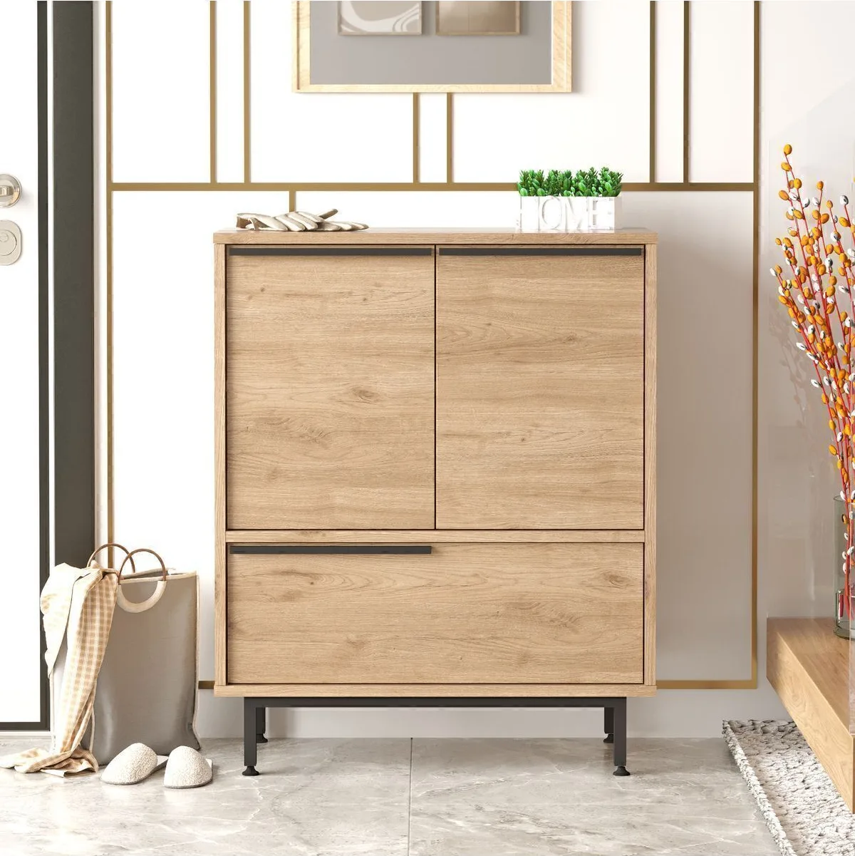 Bohem Meuble à chaussures armoire polyvalente 3 portes avec pieds en métal Sepet BOH8C-S