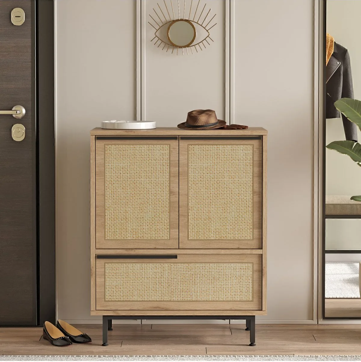 Bohem Meuble à chaussures armoire polyvalente 3 portes avec pieds en métal et impression UV Sepet-Jüt BOH8C-SU
