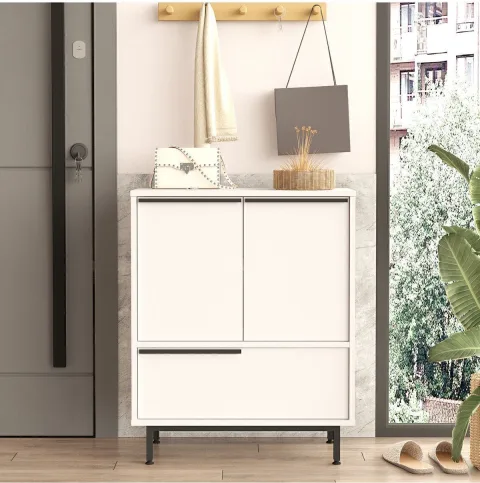 Bohem Meuble à chaussures armoire polyvalente 3 portes avec pieds en métal Blanc BOH8C-W