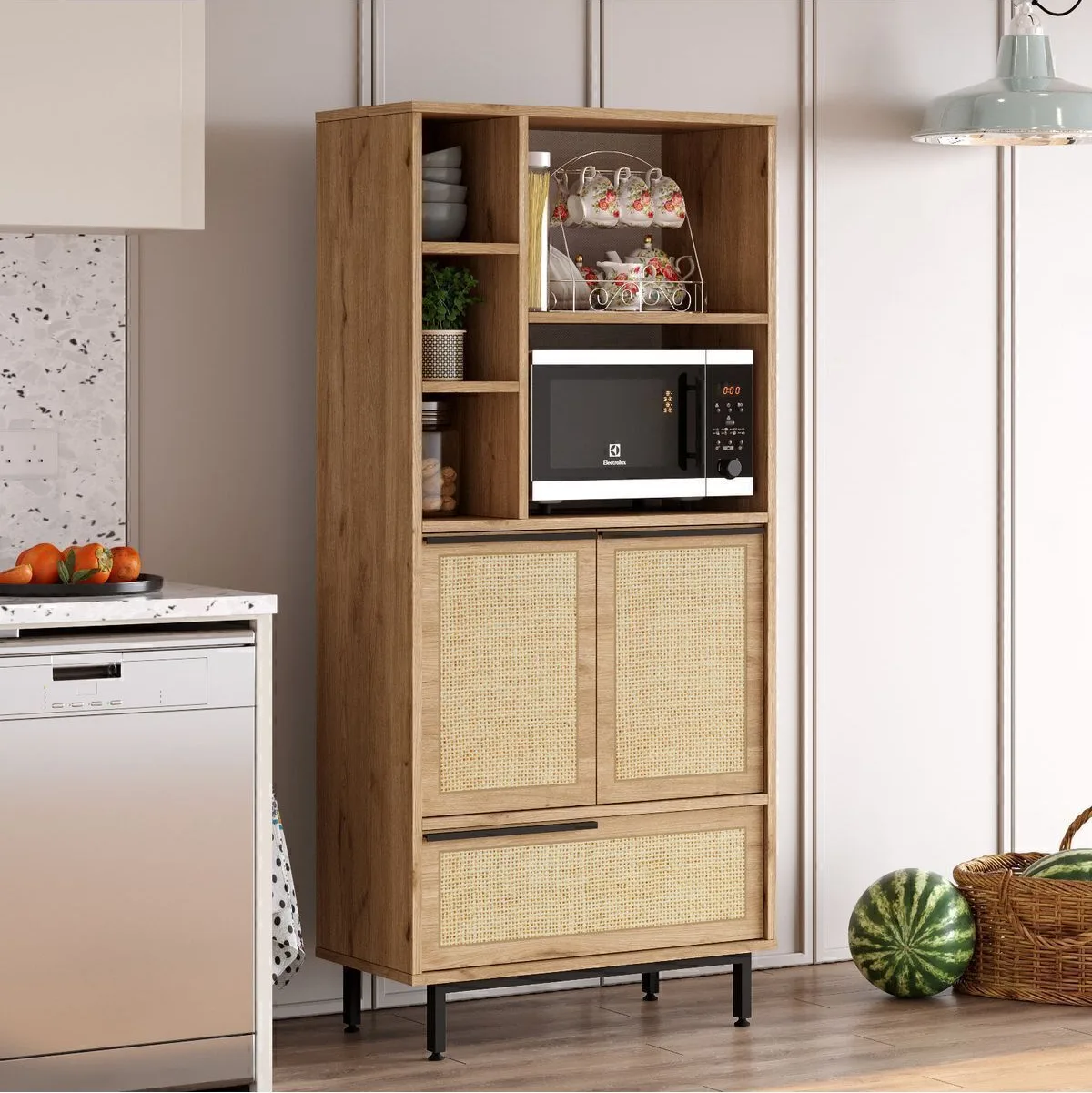 Bohem Meuble de cuisine garde-manger micro-ondes 3 portes avec pieds en métal et impression UV Sepet-Jüt BOH9A-SU