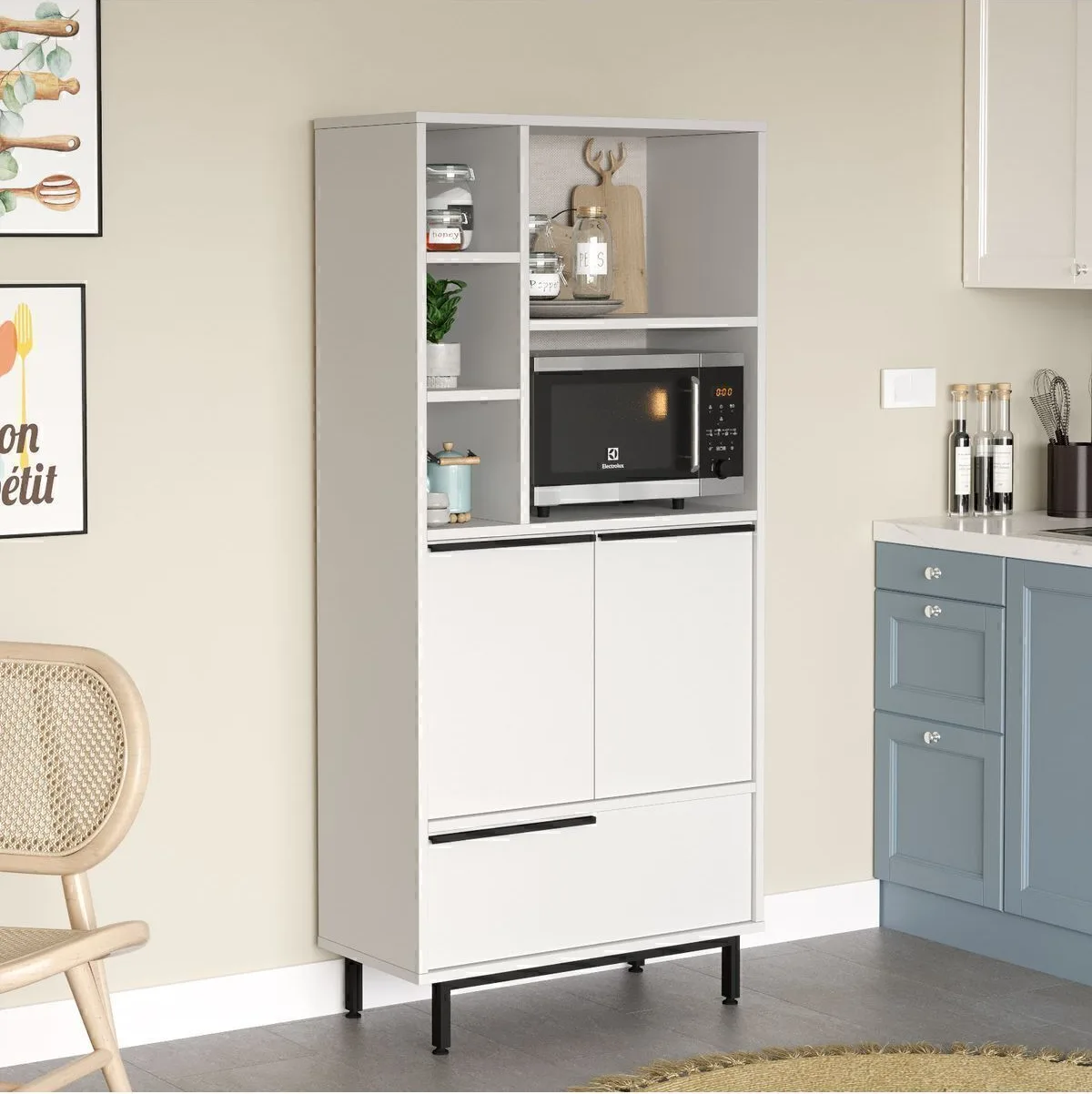 Bohem Meuble de cuisine garde-manger micro-ondes 3 portes avec étagères et pieds en métal Blanc BOH9a-W