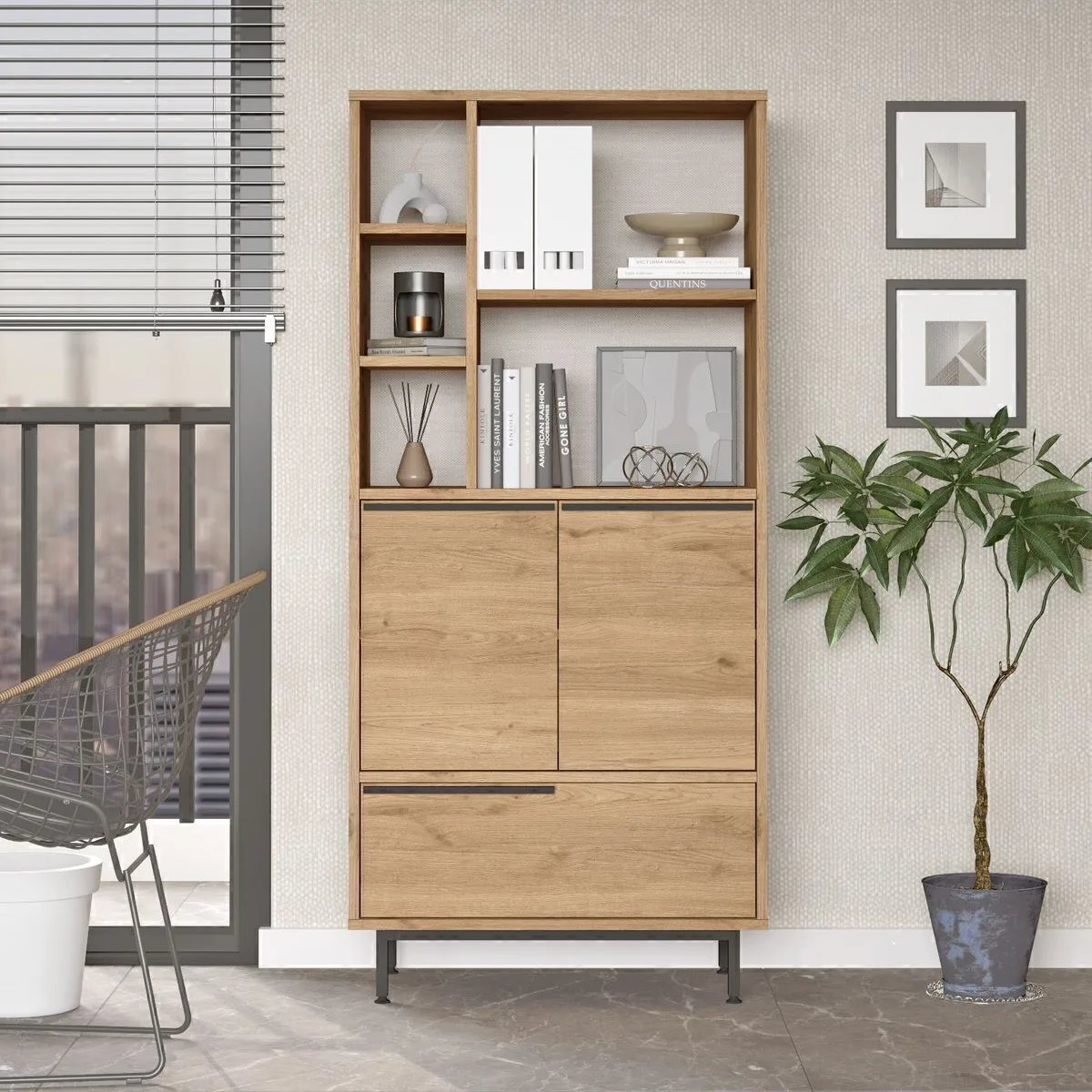 Bohem Armoire de classement de bureau bibliothèque 3 portes avec pieds en métal Sepet BOH9B-S
