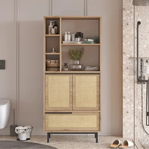 Bohem Meuble de salle de bain armoire polyvalente 3 portes avec pieds en métal et impression UV Sepet-jüt BOH9C-SU