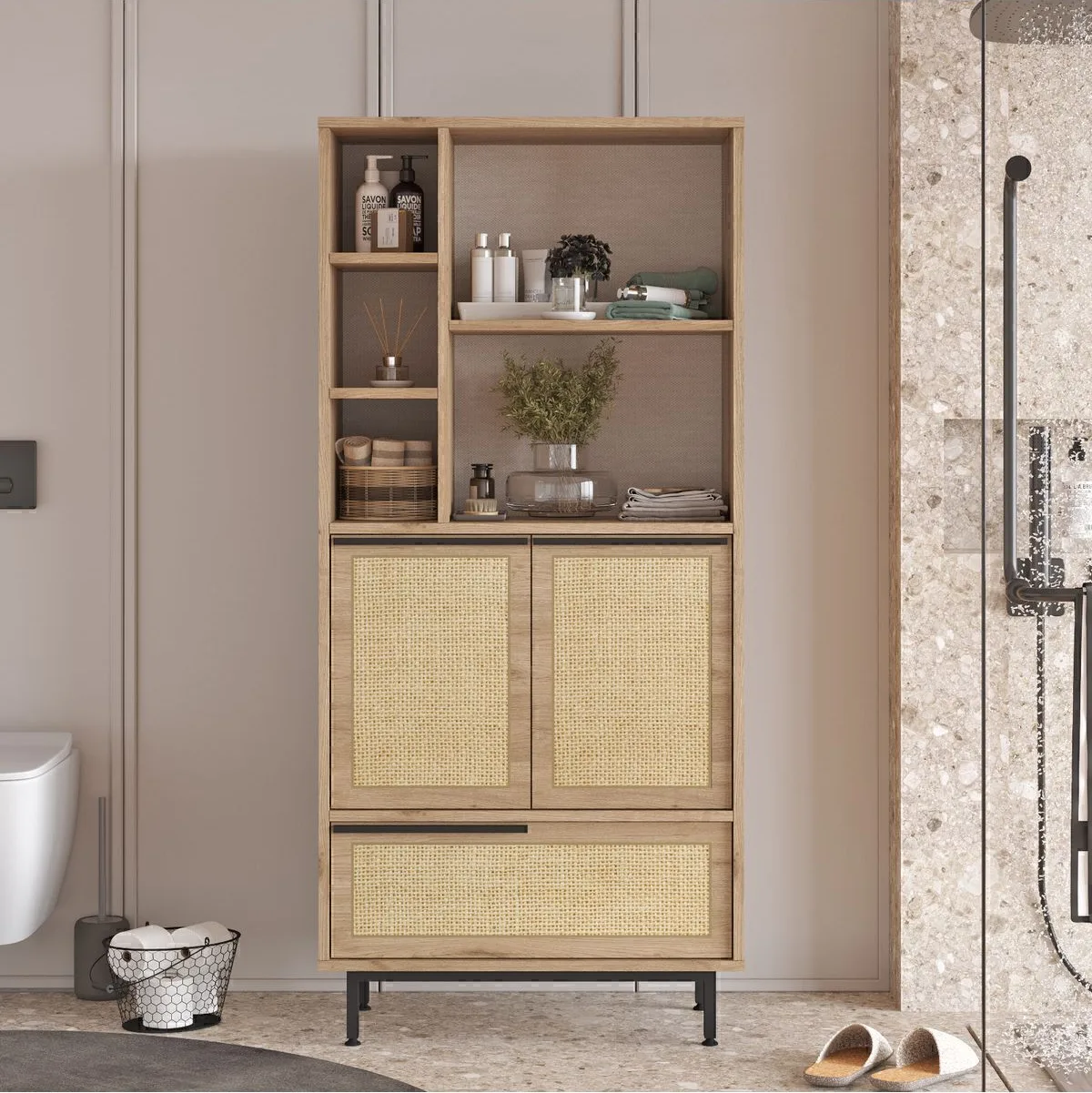 Bohem Meuble de salle de bain armoire polyvalente 3 portes avec pieds en métal et impression UV Sepet-jüt BOH9C-SU