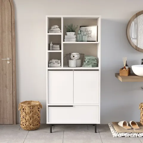 Bohem Meuble de salle de bain armoire polyvalente 3 portes avec pieds en métal Blanc BOH9c-W