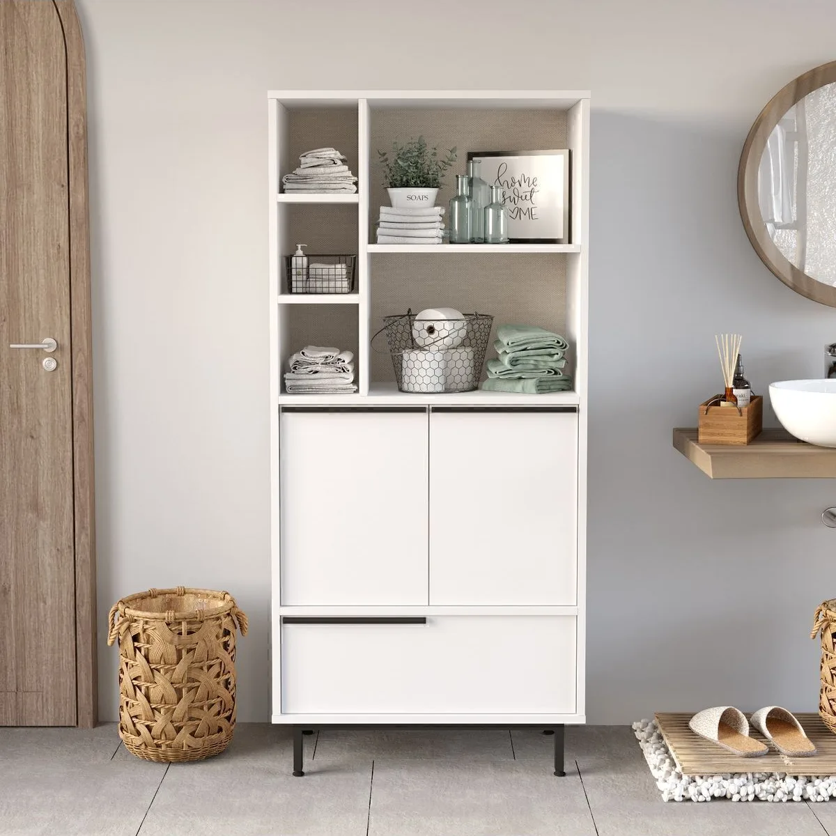 Bohem Meuble de salle de bain armoire polyvalente 3 portes avec pieds en métal Blanc BOH9c-W