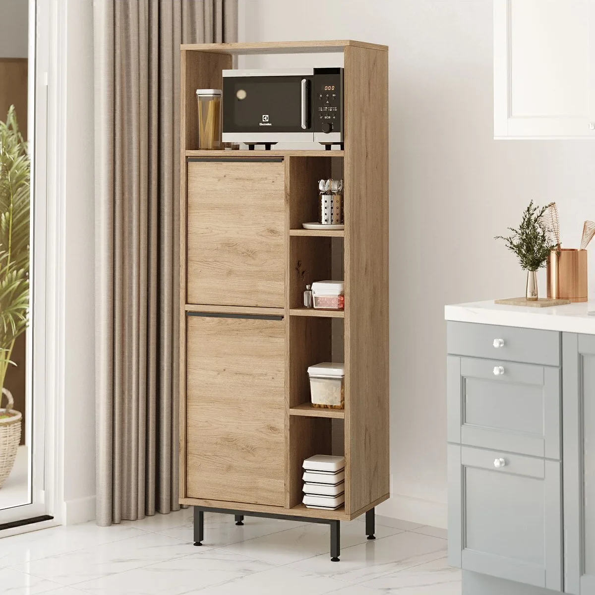 Bohem Meuble de cuisine garde-manger micro-ondes 2 portes avec étagères et pieds en métal Sepet BOH10A-S