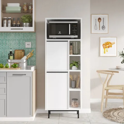 Bohem Meuble de cuisine garde-manger micro-ondes 2 portes avec étagères et pieds en métal Blanc BOH10a-W