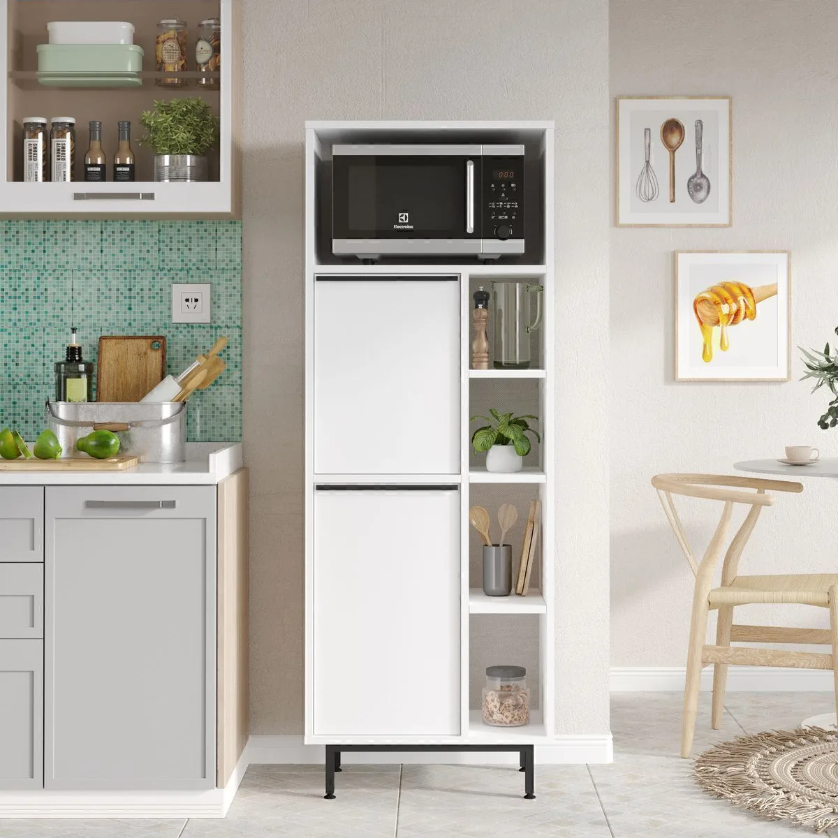 Bohem Meuble de cuisine garde-manger micro-ondes 2 portes avec étagères et pieds en métal Blanc BOH10a-W
