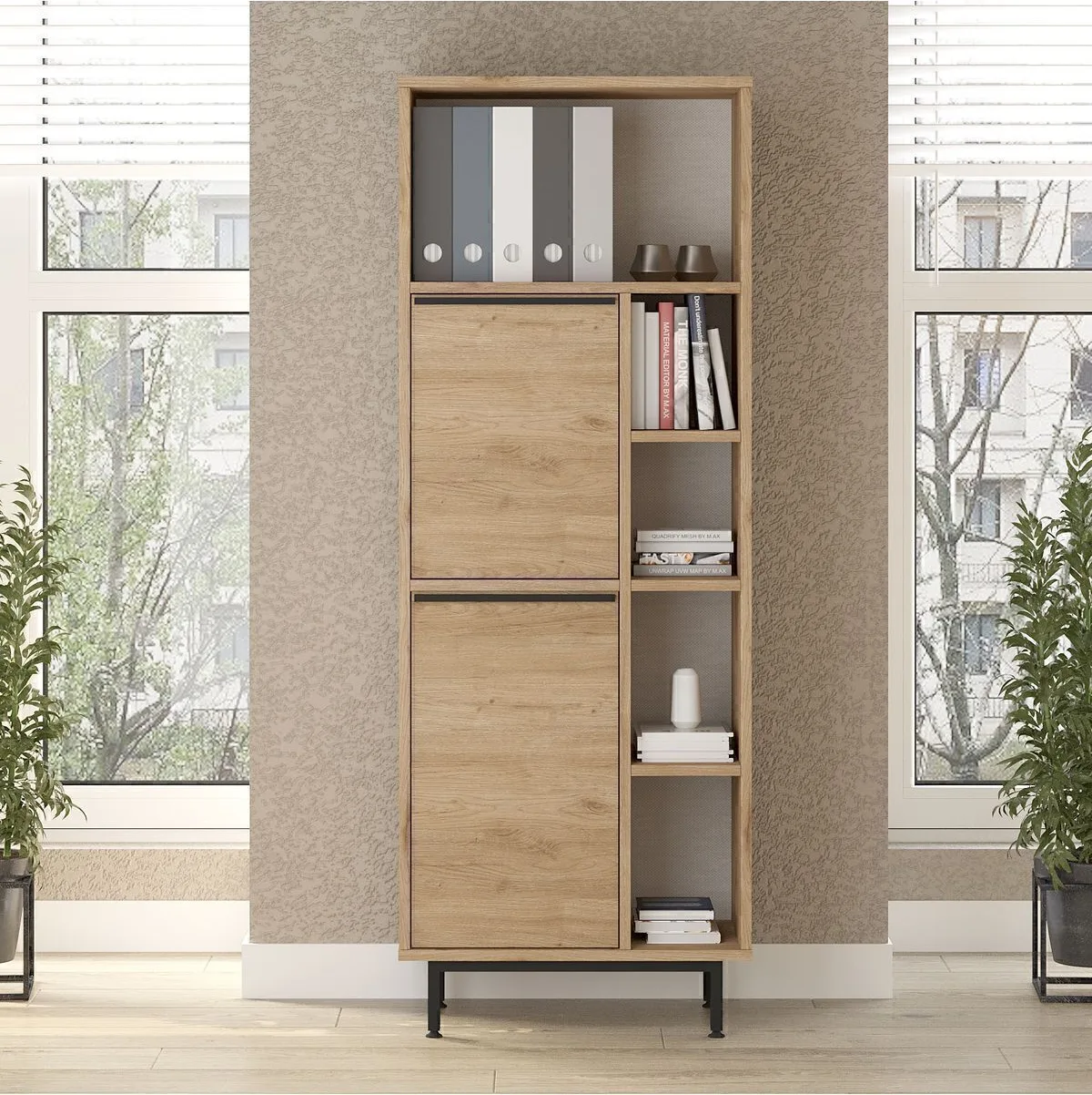 Bohem Armoire de classement de bureau bibliothèque 2 portes avec pieds en métal Sepet BOH10B-S