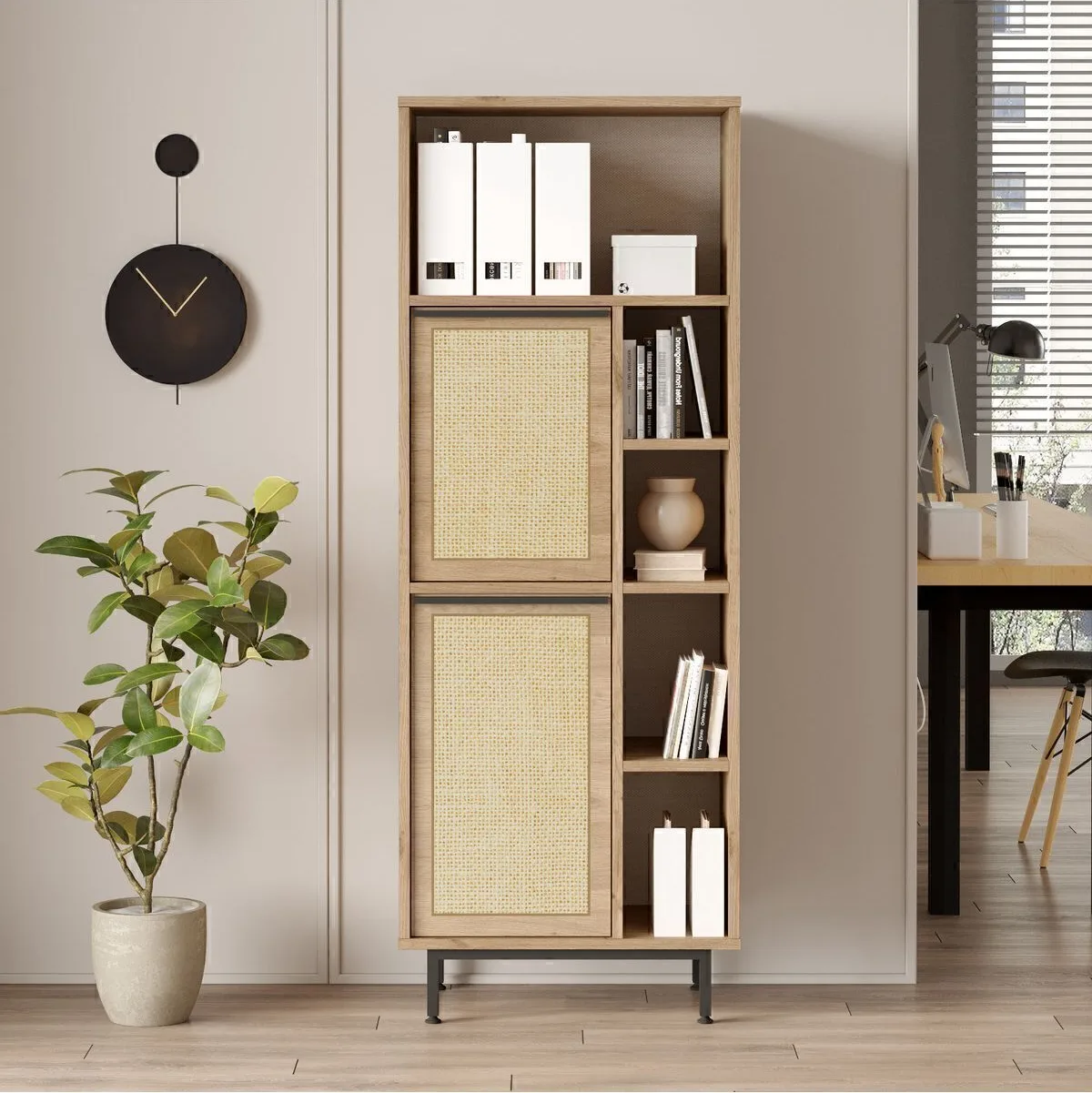 Bohem Armoire de classement de bureau bibliothèque 2 portes avec pieds en métal et impression UV Sepet-jüt BOH10B-SU