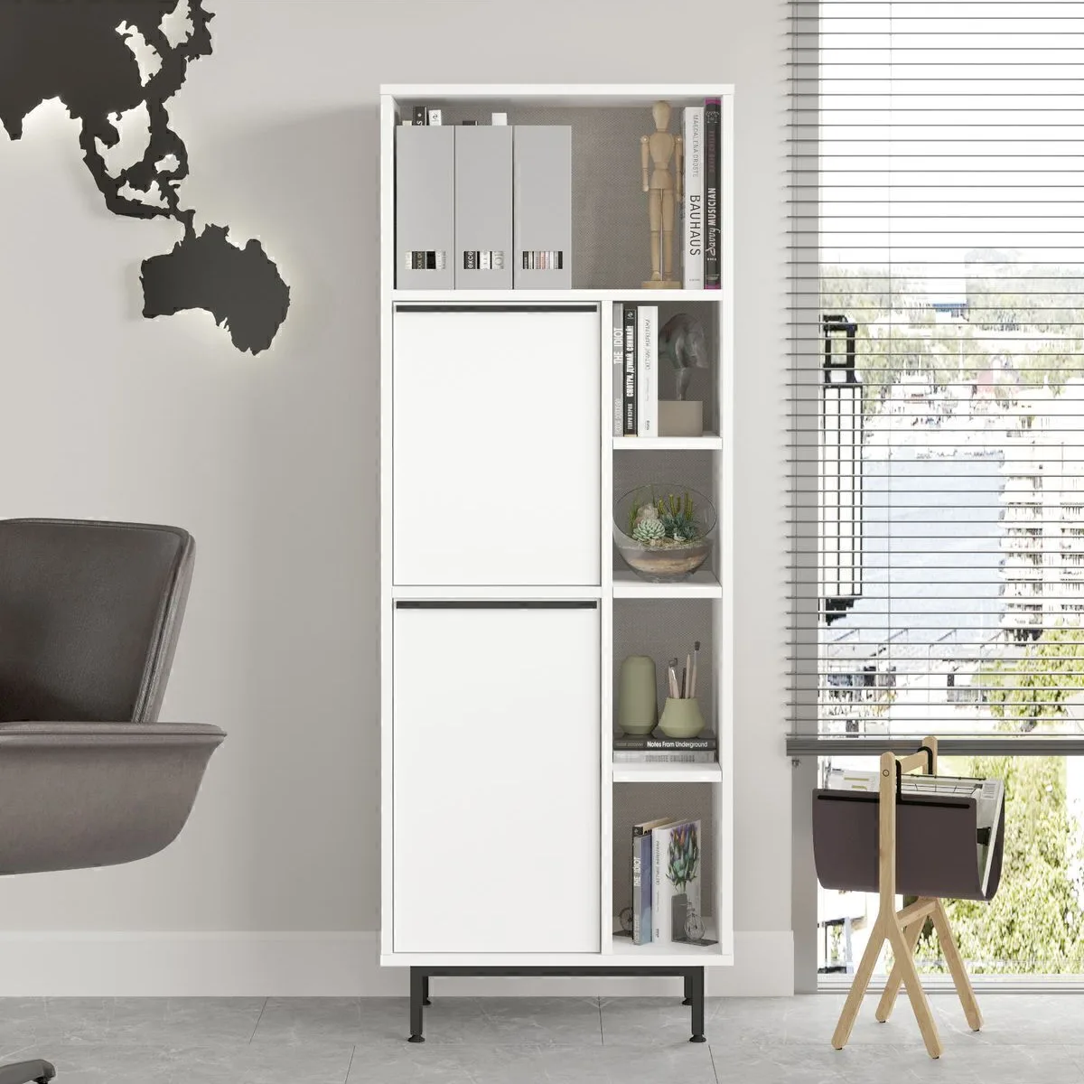 Bohem Armoire de classement de bureau bibliothèque 2 portes avec pieds en métal Blanc BOH10b-W