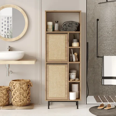Bohem Meuble de salle de bain armoire polyvalente 2 portes avec pieds en métal et impression UV Sepet-jüt BOH10C-SU