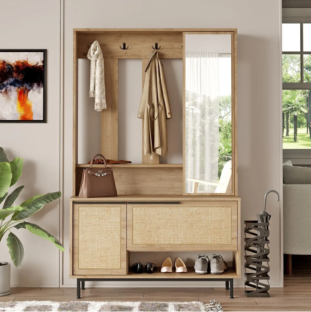 Bohem Portemanteau vestiaire meuble à chaussures avec miroir, pieds en métal et impression UV Sepet-Jüt BOH11-SU
