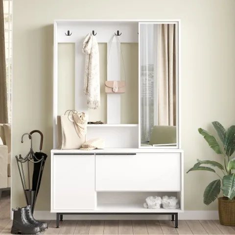 Bohem Portemanteau vestiaire meuble à chaussures avec miroir et pieds en métal Blanc BOH11-W