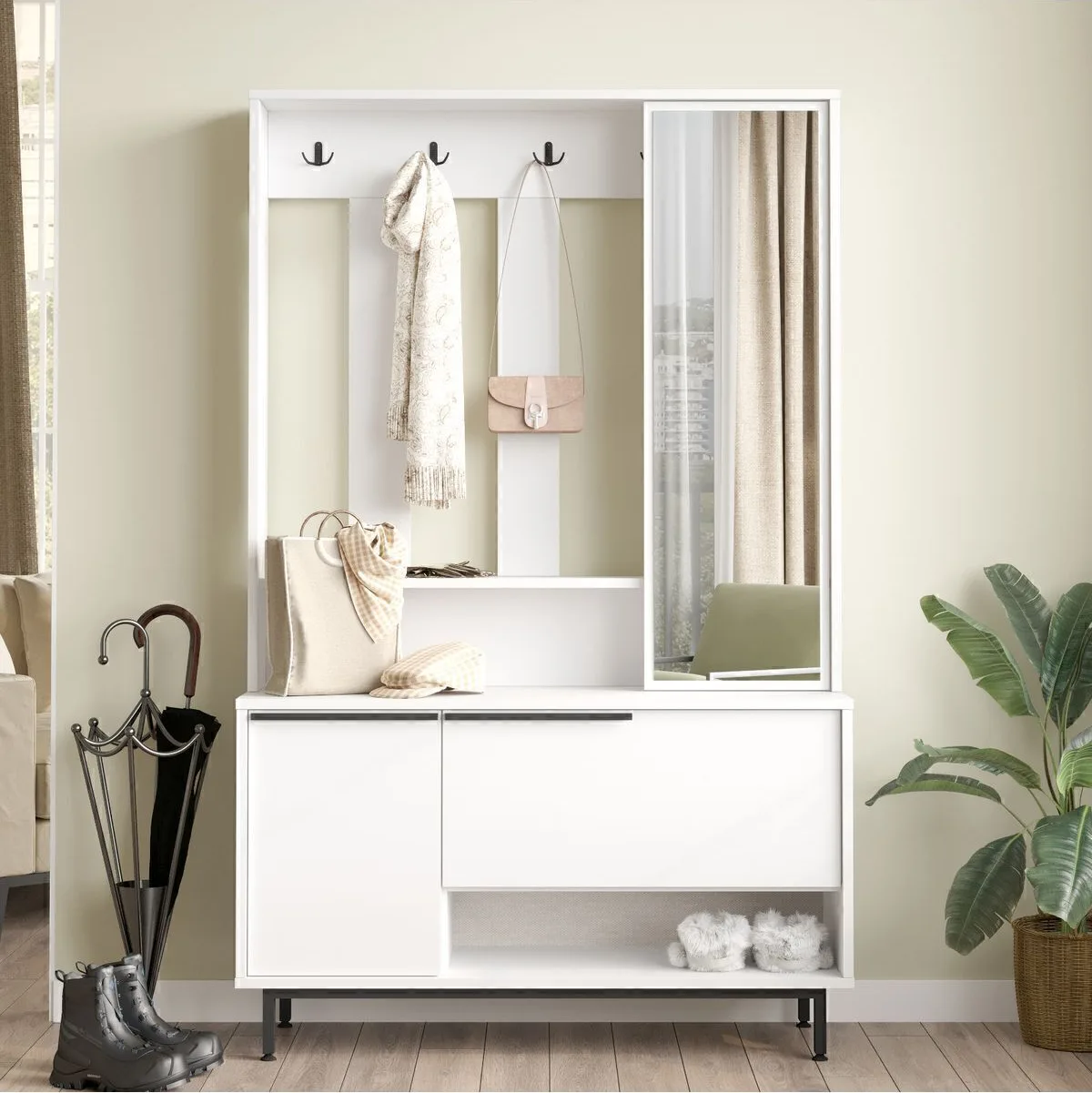 Bohem Portemanteau vestiaire meuble à chaussures avec miroir et pieds en métal Blanc BOH11-W