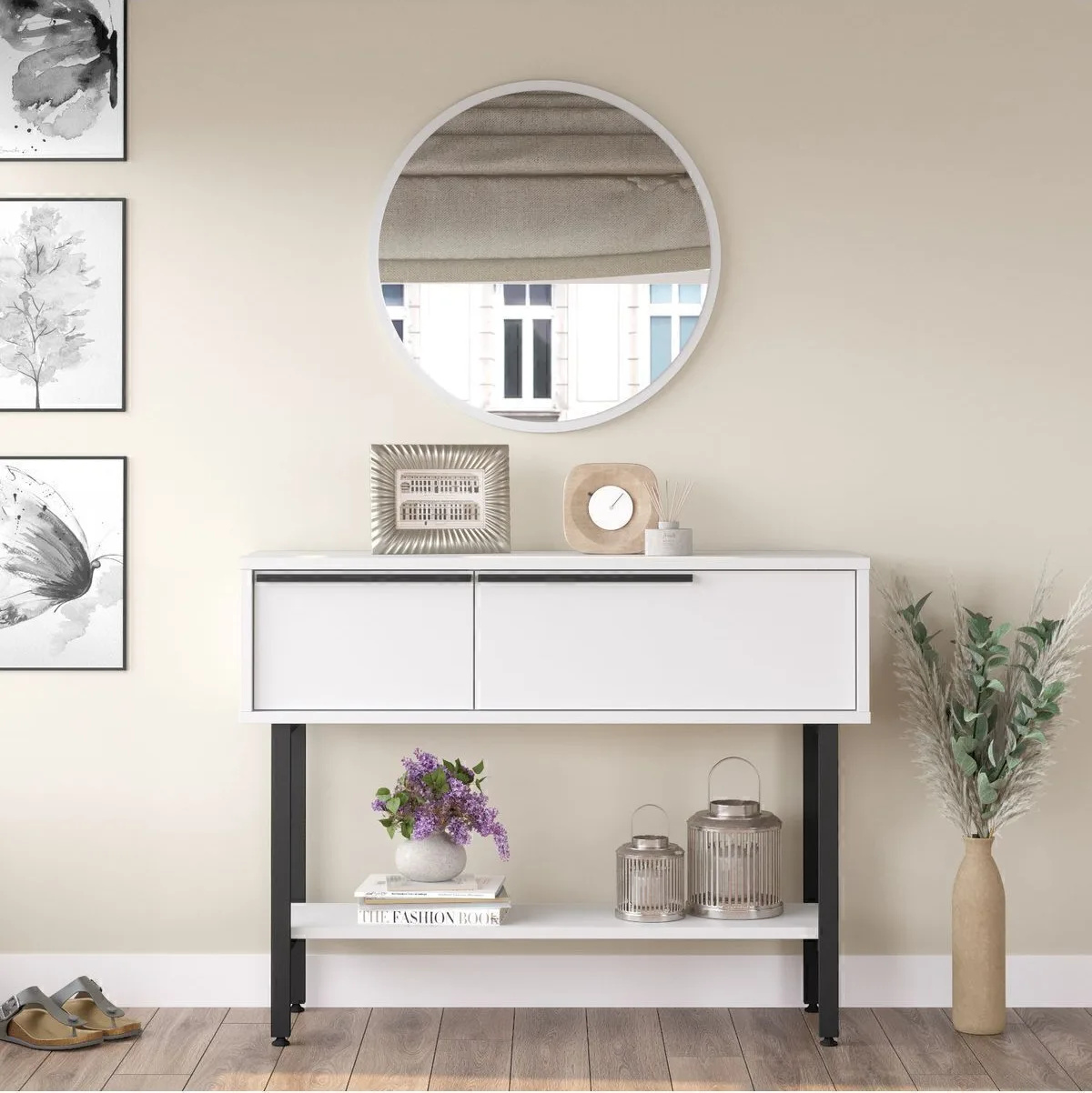 Bohem Dressoir 100cm avec miroir, portes et pieds en métal Blanc BOH12-W