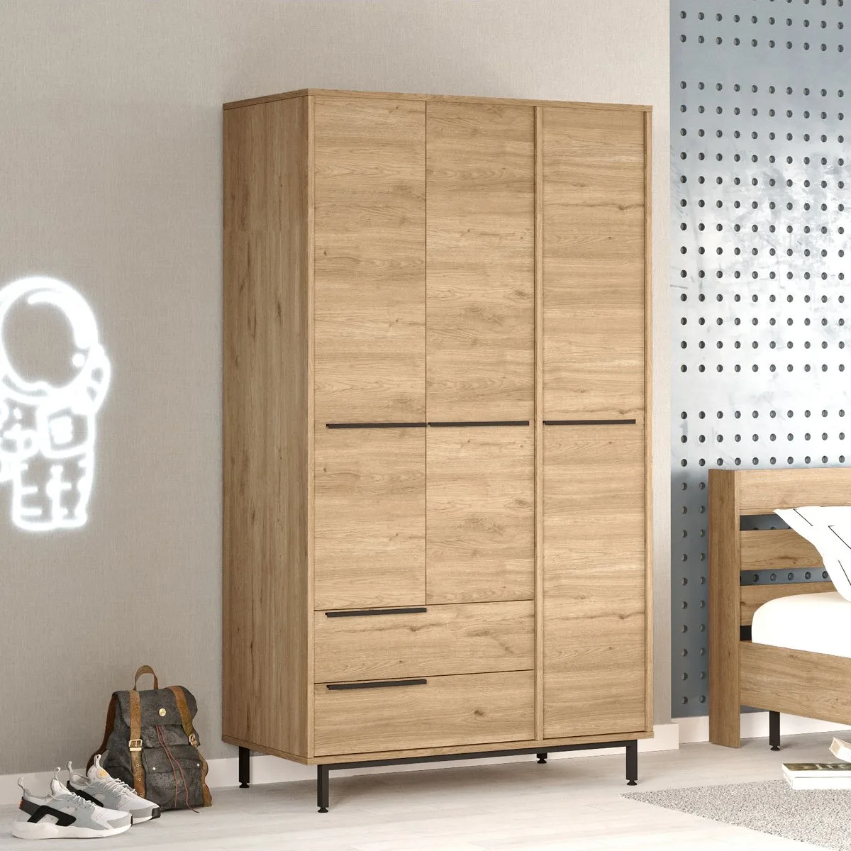 Armoire Bohème 3 portes 2 tiroirs avec pieds en métal 196cm Sepet BOH15-S