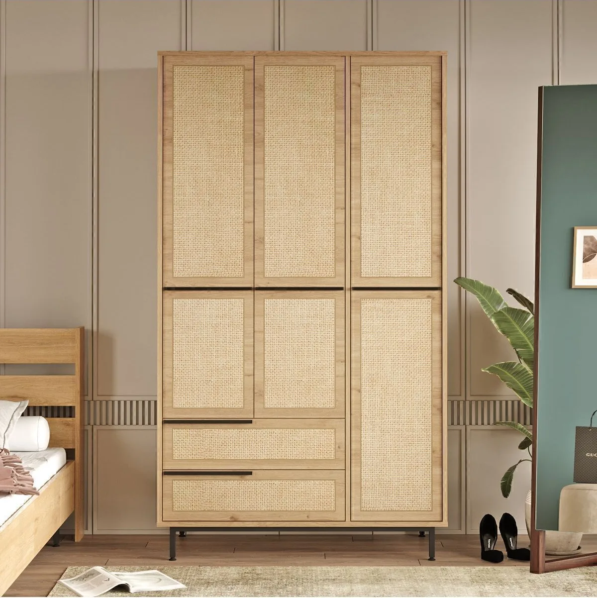 Armoire Bohème 3 portes 2 tiroirs avec pieds en métal et impression UV 196cm Sepet-jüt BOH15-SU