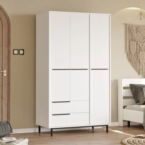 Armoire Bohème 3 portes 2 tiroirs avec pieds en métal 196cm Blanc BOH15-W