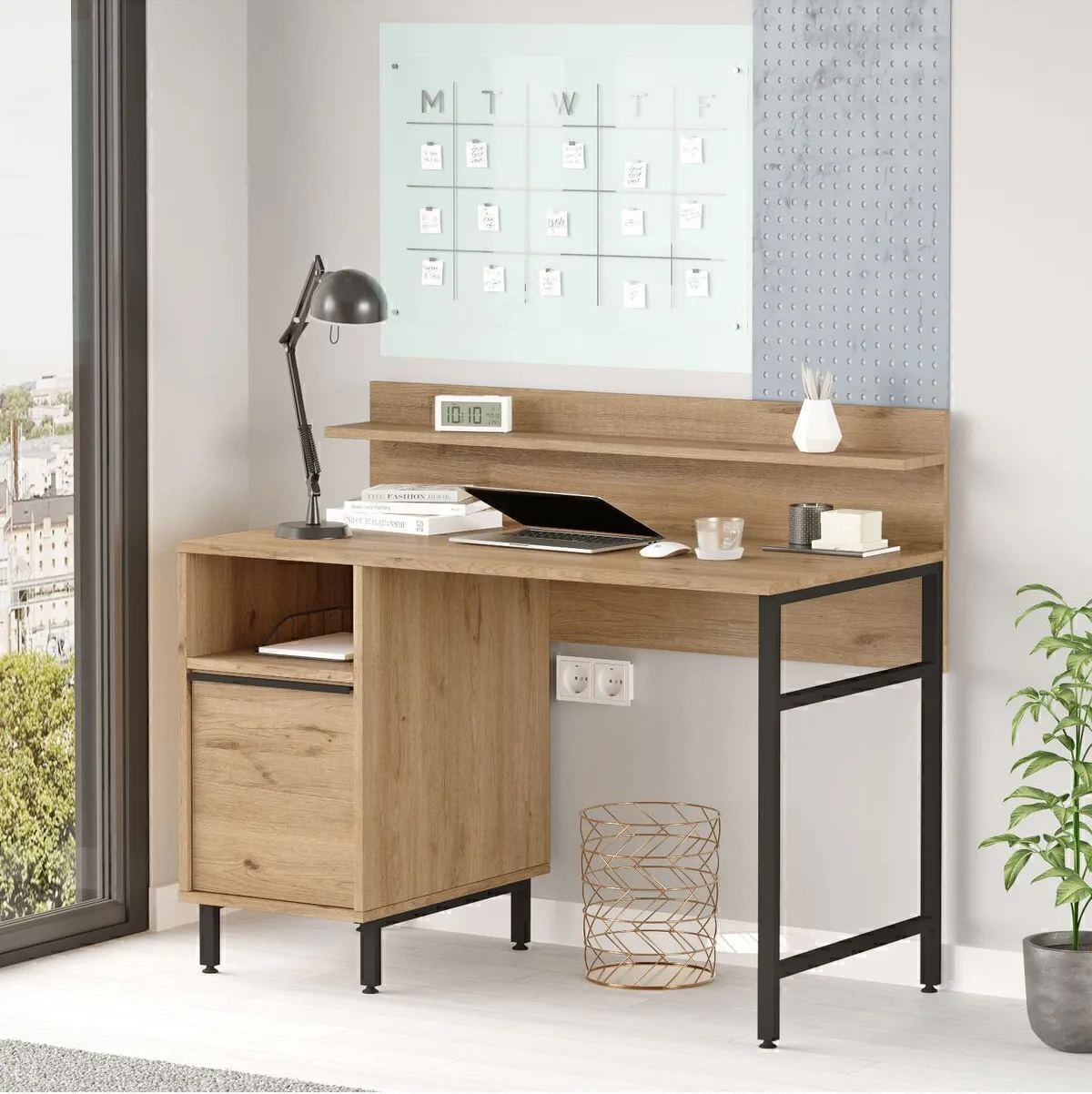 Bureau Bohème 60x120cm avec étagères, placard et pieds en métal Sepet BOH16-S