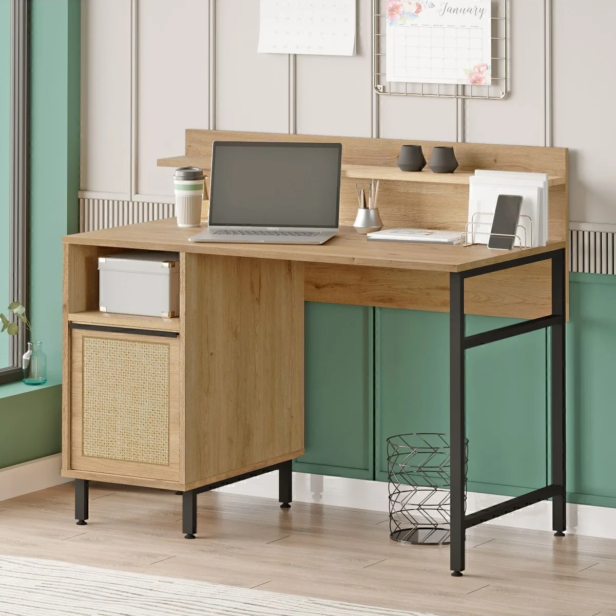 Bureau Bohème 60x120cm avec étagères, placard, pieds en métal et impression UV Sepet-Jüt BOH16-SU