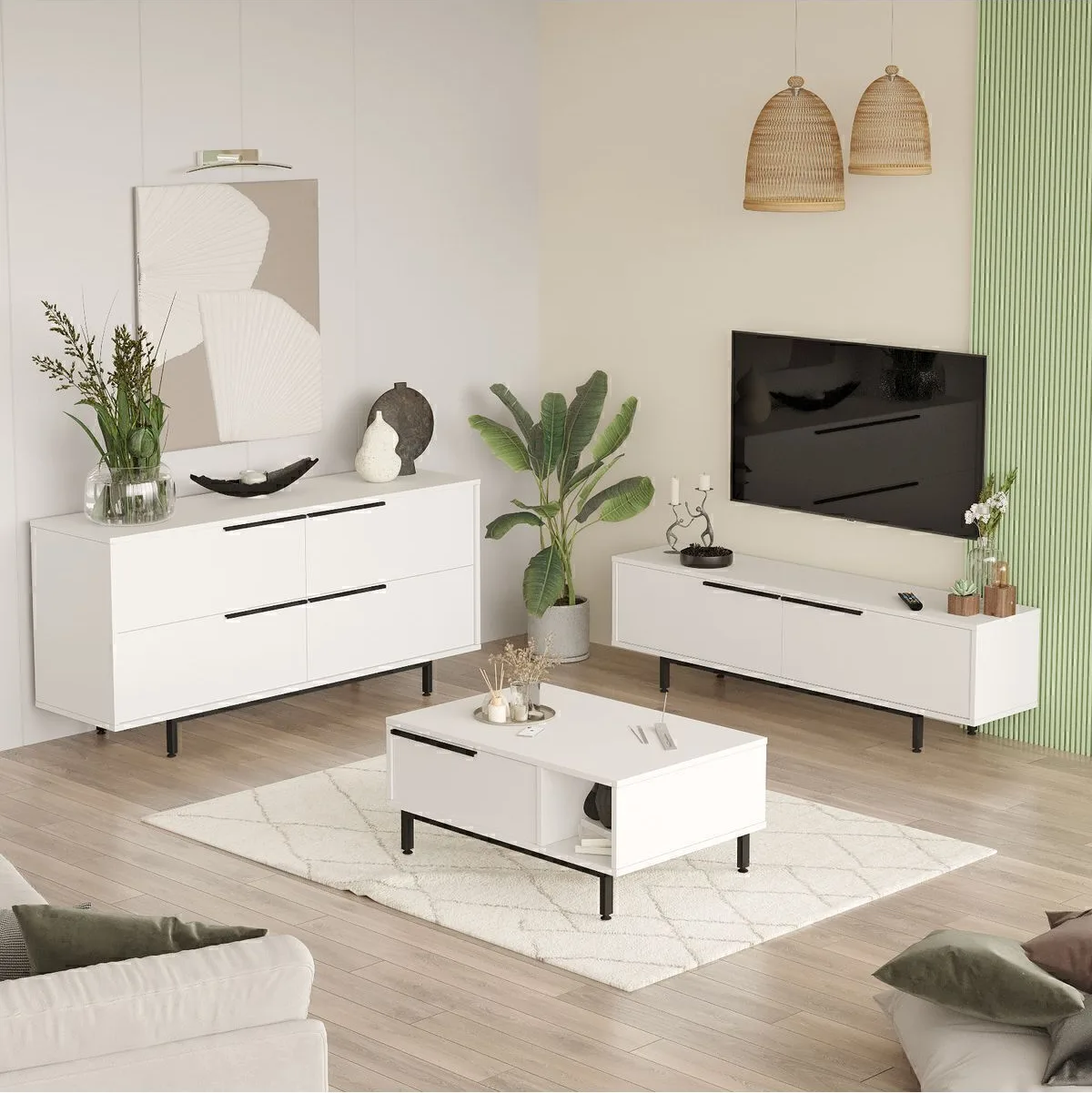 Ensemble 3 pièces Meuble TV, table basse et console Bohème Blanc BOH20-W