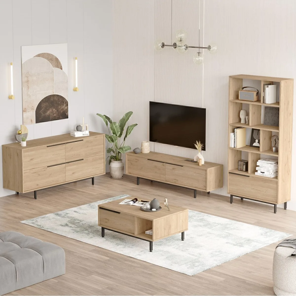 Ensemble 4 pièces Meuble TV, table basse, console et bibliothèque Bohème Sepet BOH21-S
