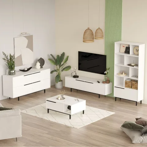 Ensemble 4 pièces Meuble TV, table basse, console et bibliothèque Bohème Blanc BOH21-W
