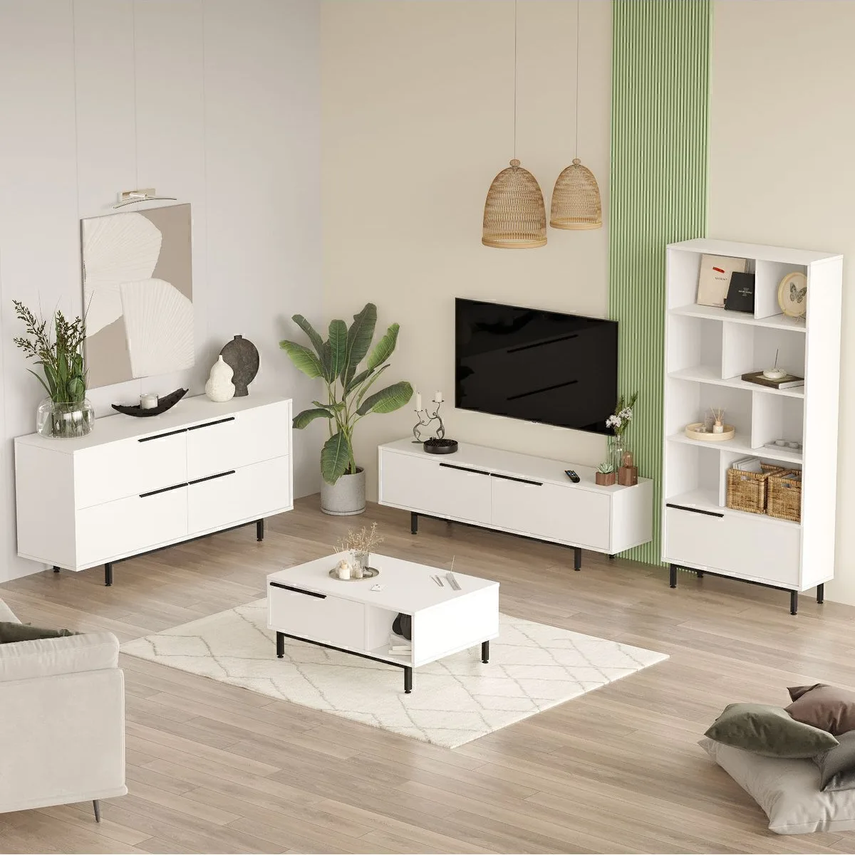 Ensemble 4 pièces Meuble TV, table basse, console et bibliothèque Bohème Blanc BOH21-W