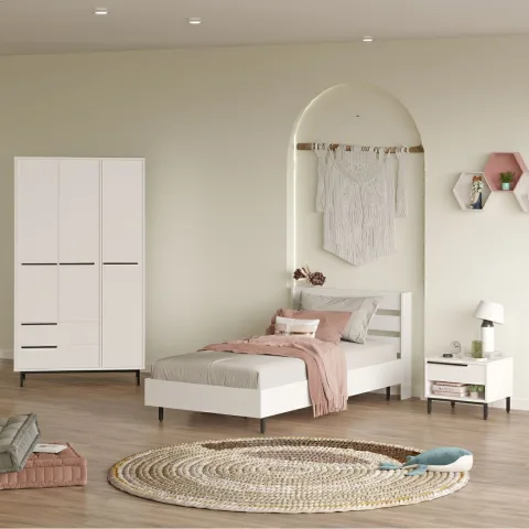Ensemble 3 pièces Chambre d'adolescent Bohème Lit, table de chevet et armoire Blanc BOH23-W
