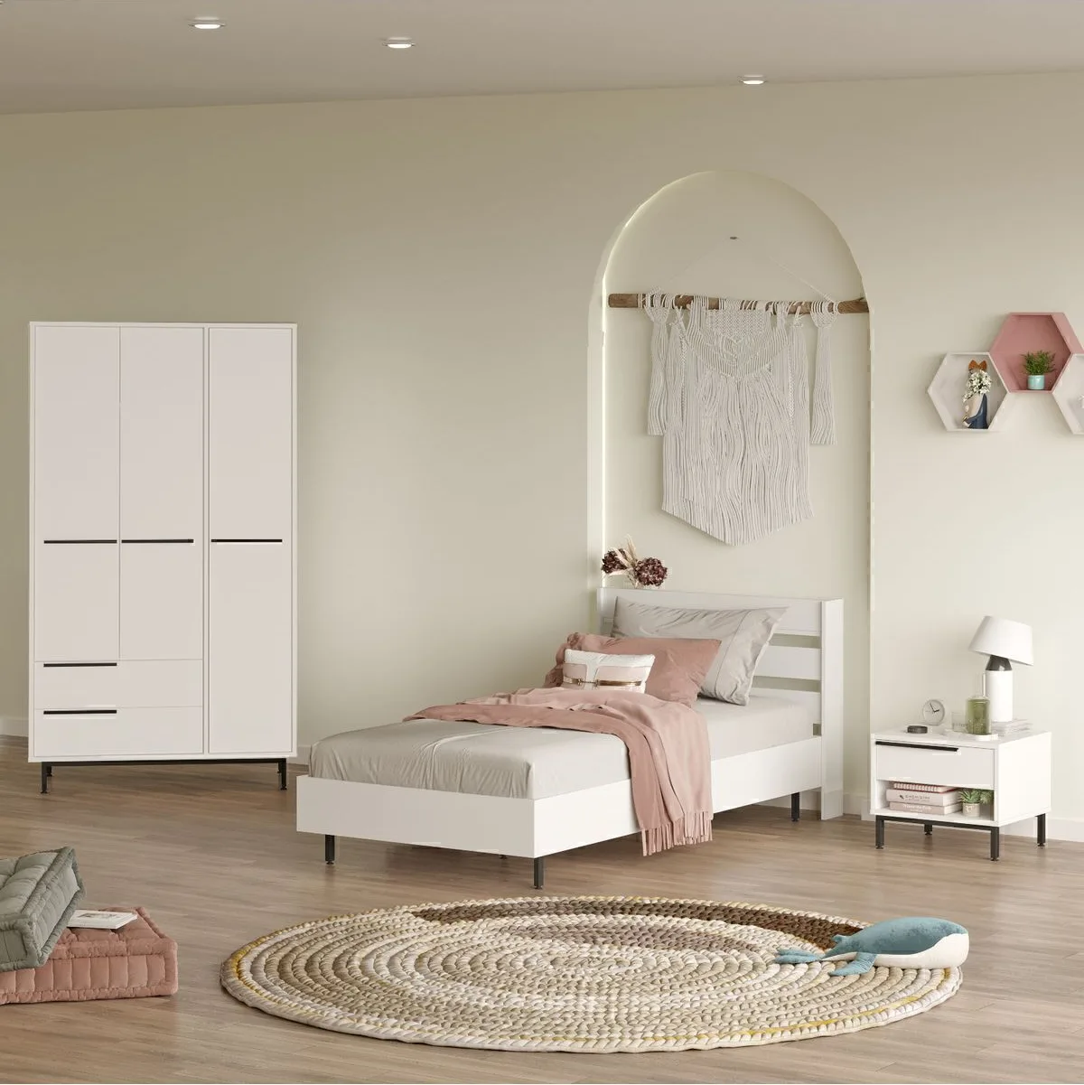 Ensemble 3 pièces Chambre d'adolescent Bohème Lit, table de chevet et armoire Blanc BOH23-W