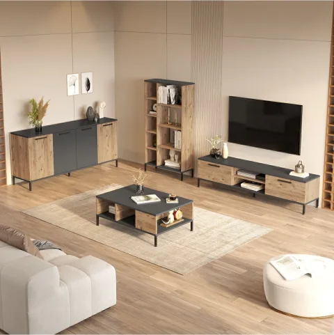 Best Ensemble 4 pièces Meuble TV, Table basse, Console, Bibliothèque Pin BES6-AA