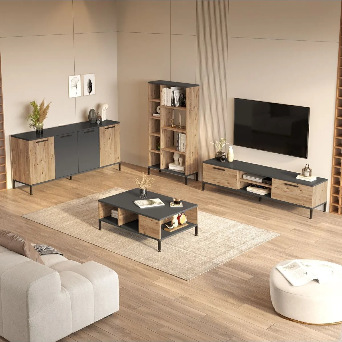 Best Ensemble 4 pièces Meuble TV, Table basse, Console, Bibliothèque Pin BES6-AA