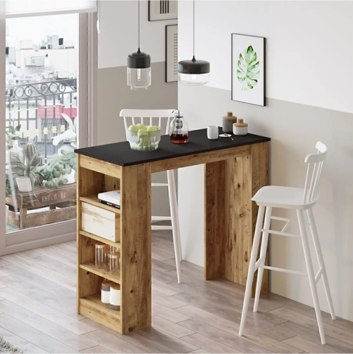 Harwick Table de bar 120cm, Table de cuisine/salle à manger Noir-Pin Atlantique HAR1-LA