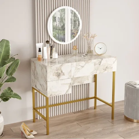 Atlantis Gold Coiffeuse métal 88cm avec miroir et 3 tiroirs Motif marbre ATL32-GE