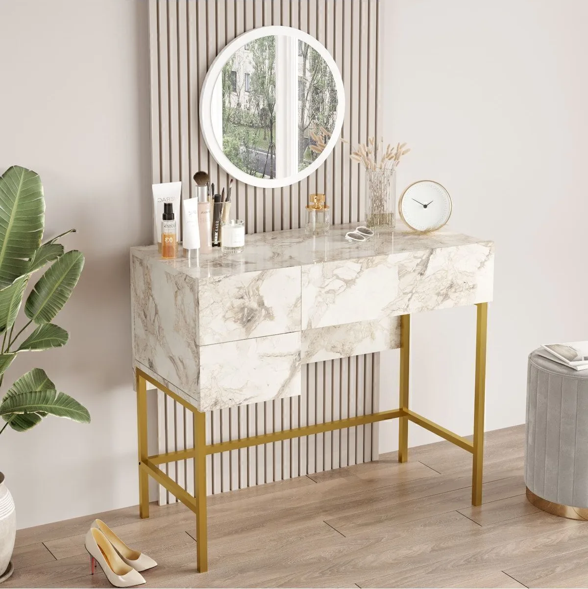 Atlantis Gold Coiffeuse métal 88cm avec miroir et 3 tiroirs Motif marbre ATL32-GE