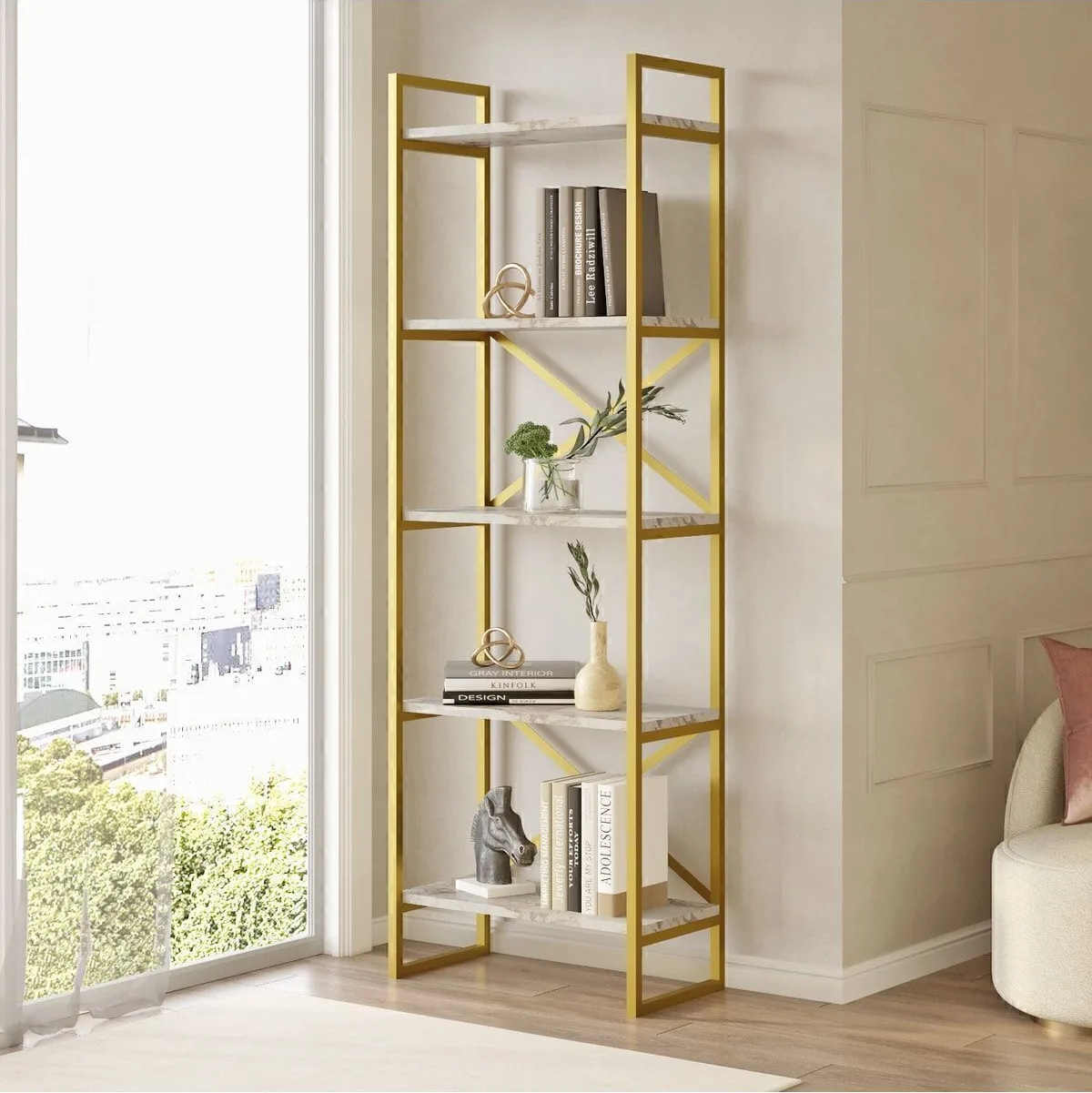 Atlantis Gold Bibliothèque métal 175cm avec 5 étagères Motif marbre ATL3-GE