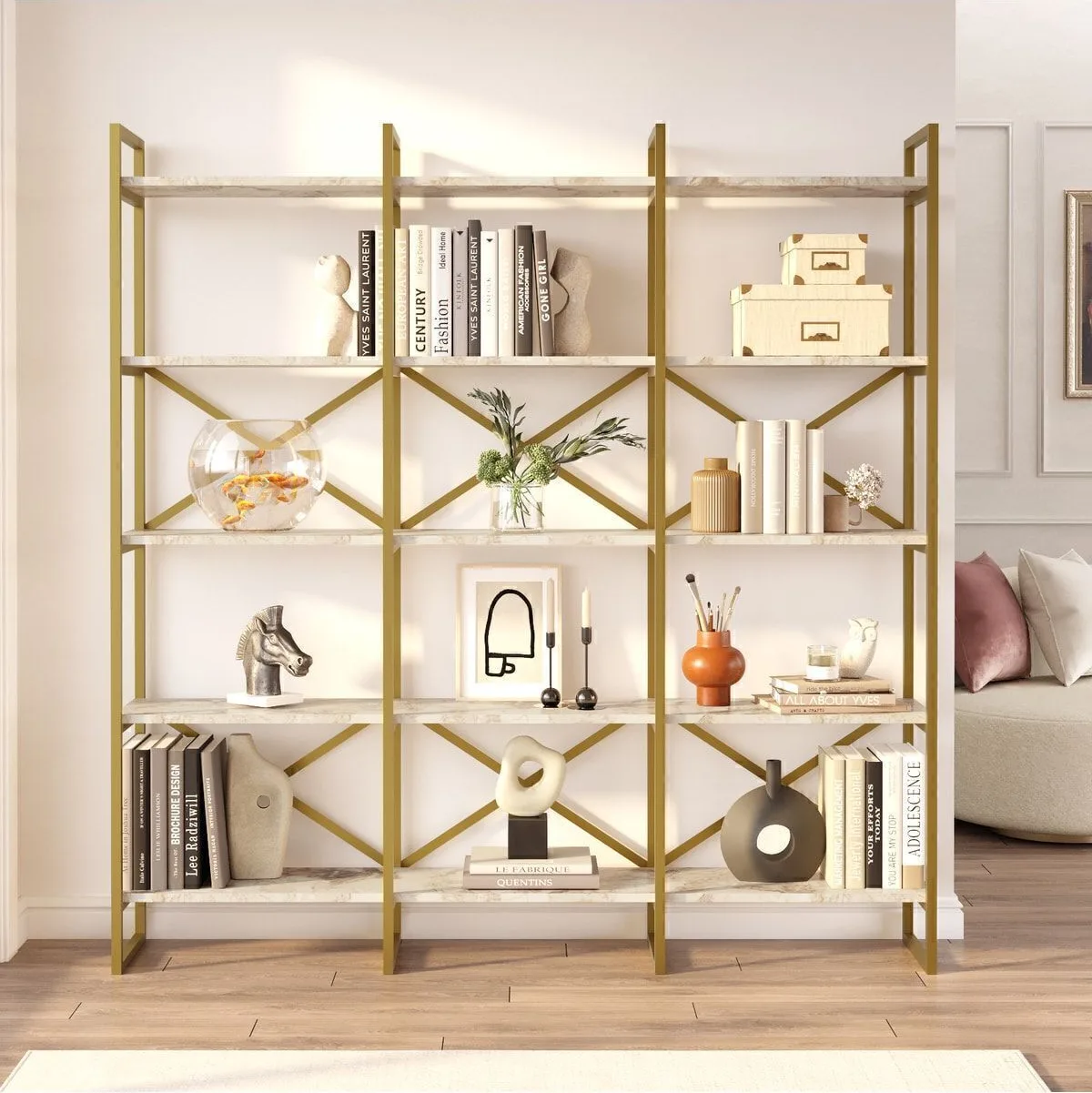 Atlantis Gold Bibliothèque métal 175cm avec 5 étagères et 3 compartiments larges Motif marbre ATL6-GE