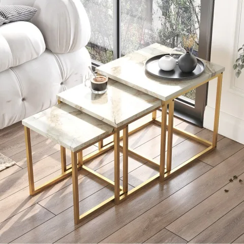 Atlantis Set de 3 Tables gigognes Gold métal Motif marbre ATL7-GE