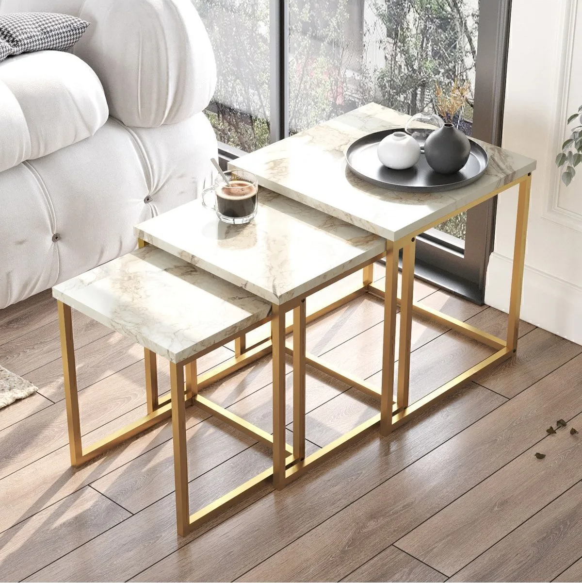 Atlantis Set de 3 Tables gigognes Gold métal Motif marbre ATL7-GE