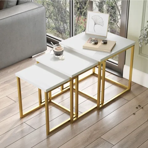 Atlantis Set de 3 Tables gigognes Gold métal Blanc ATL7-W