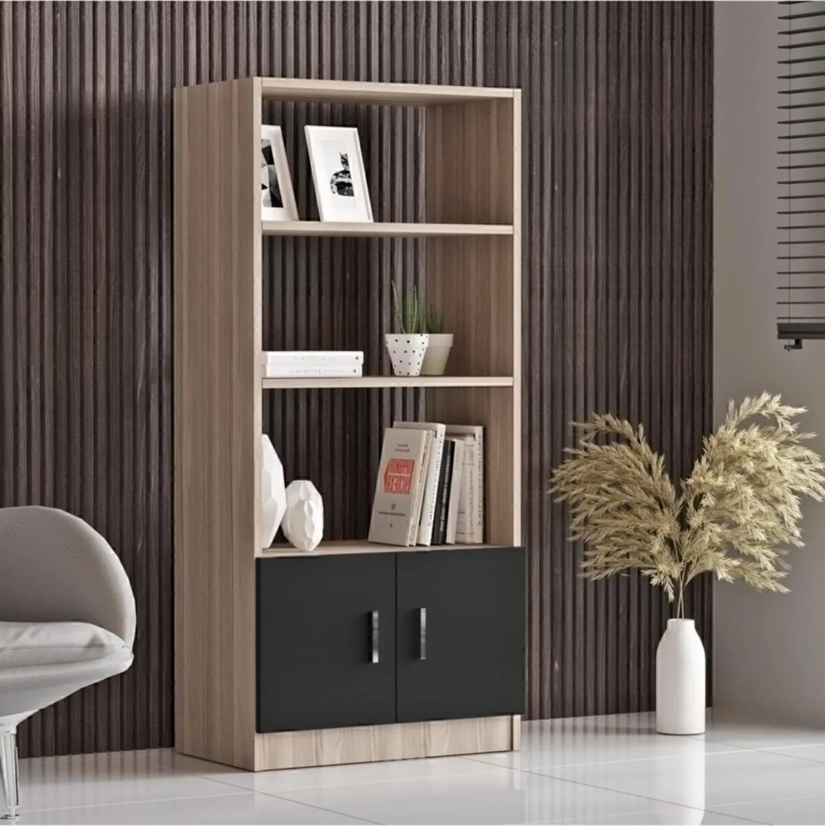 Bega D Bibliothèque de bureau avec étagères et portes 3 Couleurs Chêne-Noir BEG4-OB