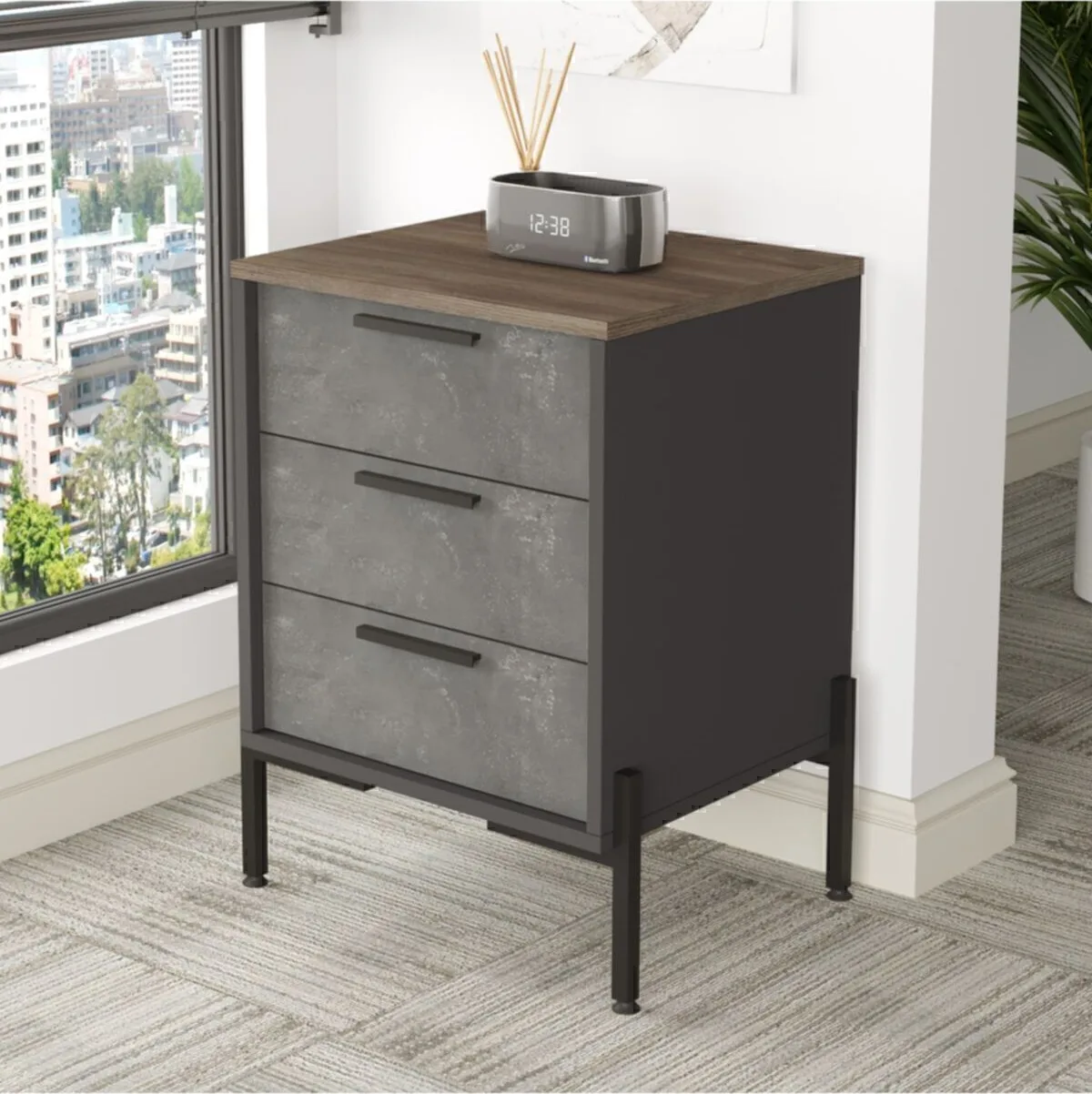 Navaris C Caisson de bureau 3 tiroirs avec pieds en métal Café-Béton-Anthracite NAV3-cga