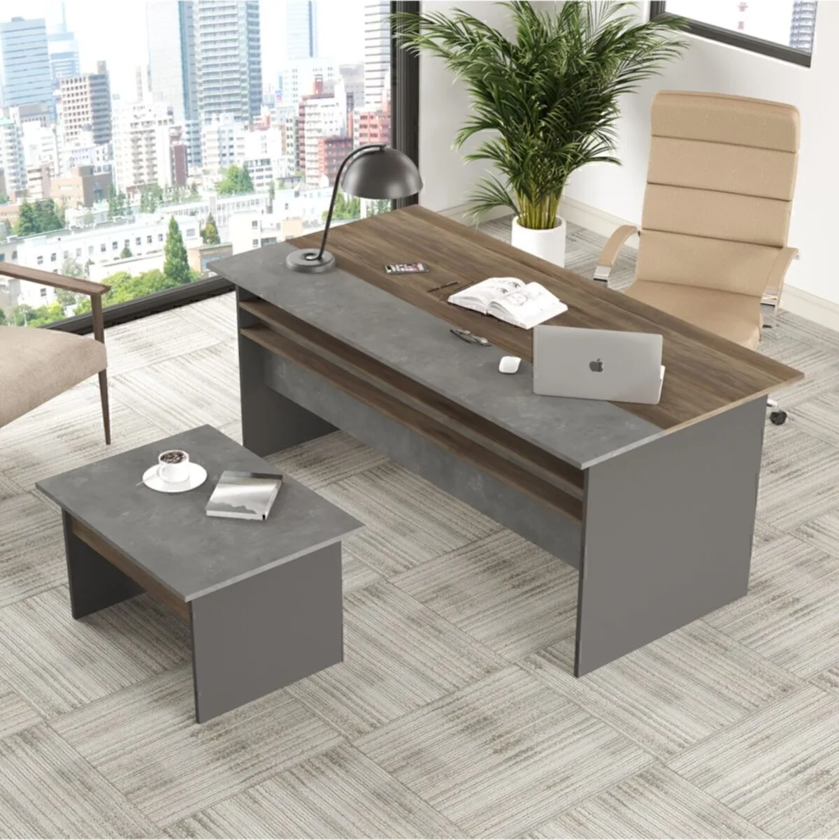 Navaris Ab Bureau et Table basse de bureau, ensemble Café-Béton-Anthracite NAV6-cga