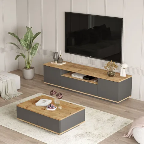 Aven Meuble TV et Table basse, ensemble de 2 Pin-Anthracite AVE17-AA