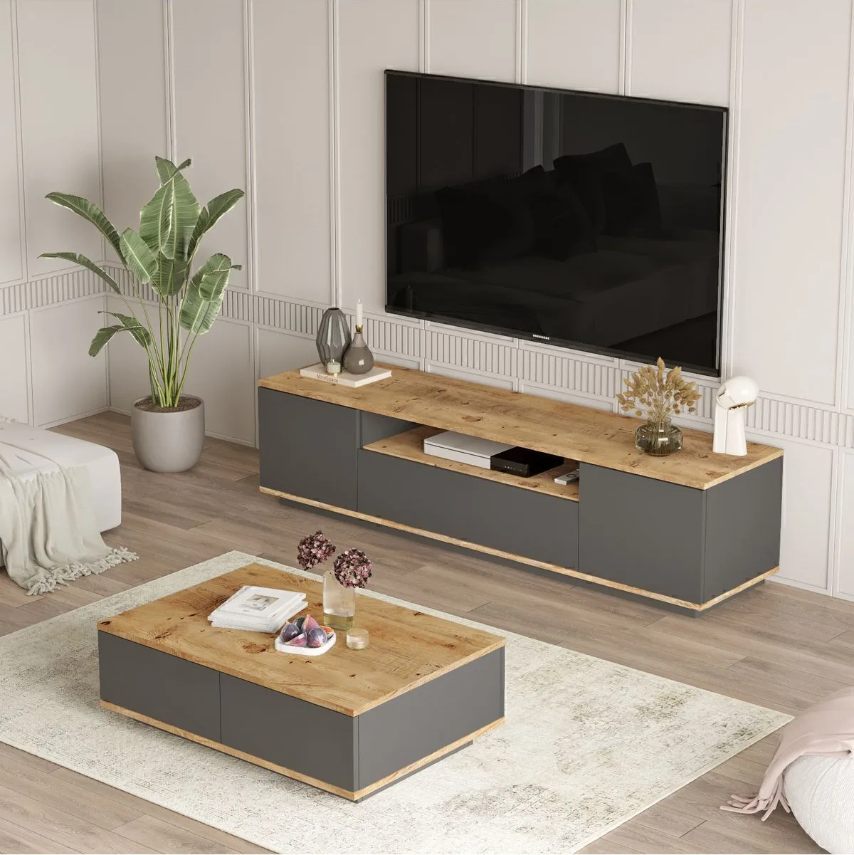 Aven Meuble TV et Table basse, ensemble de 2 Pin-Anthracite AVE17-AA