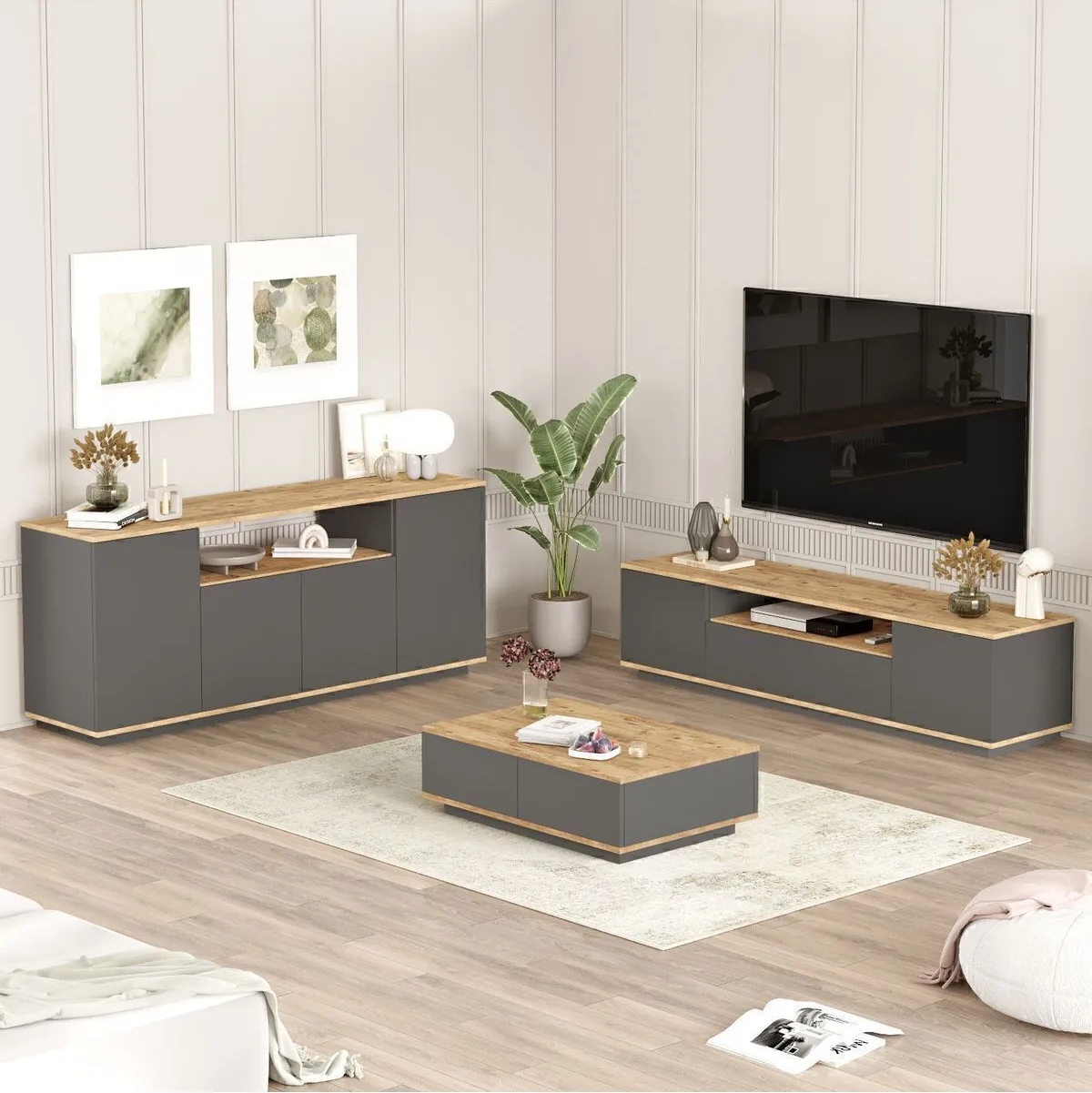 Aven Meuble TV, Table basse et Console, ensemble de 3 Pin-Anthracite AVE18-AA