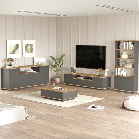 Aven Meuble TV, Table basse, Console et Bibliothèque, ensemble de 4 Pin-Anthracite AVE19-AA