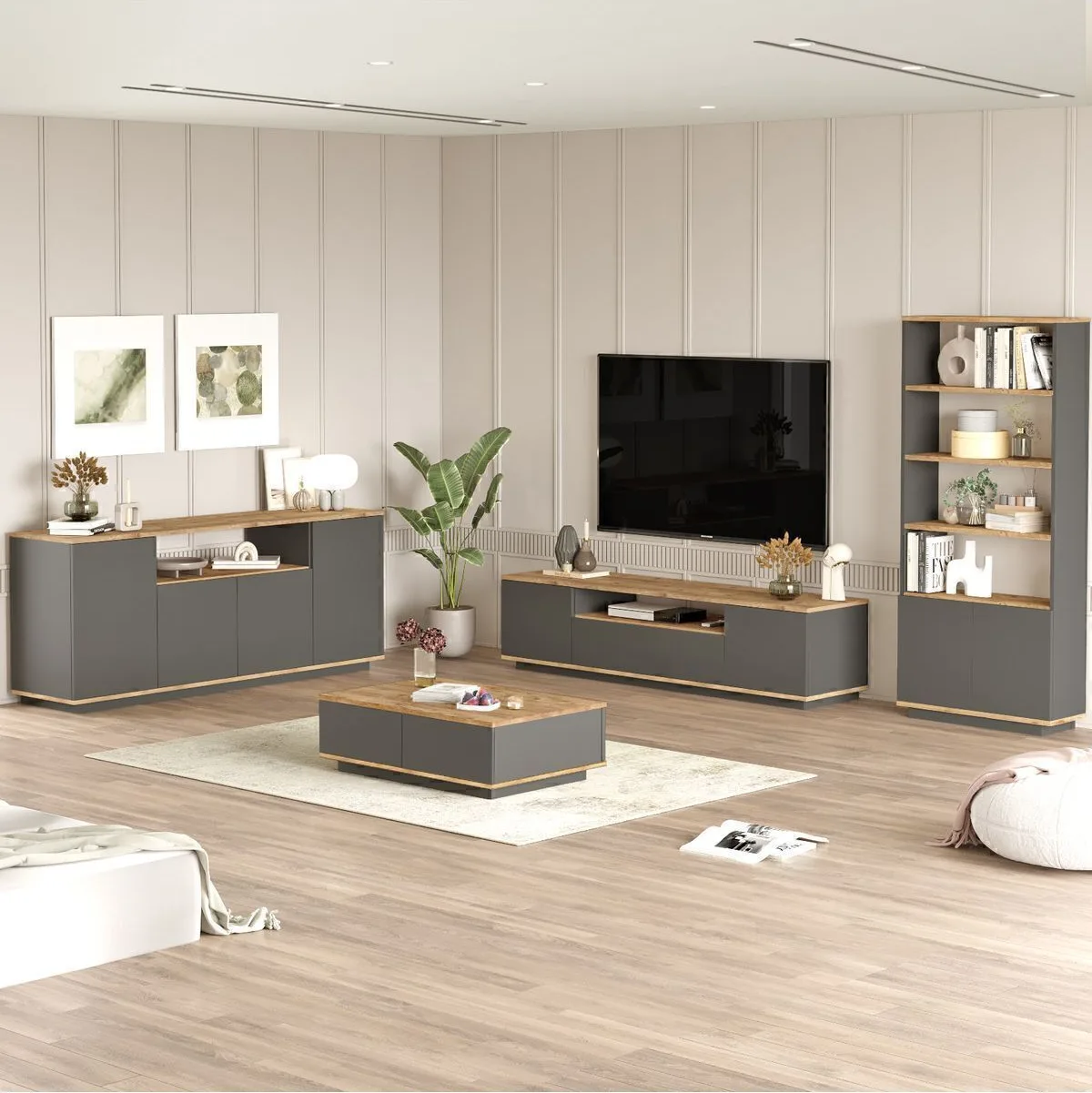 Aven Meuble TV, Table basse, Console et Bibliothèque, ensemble de 4 Pin-Anthracite AVE19-AA